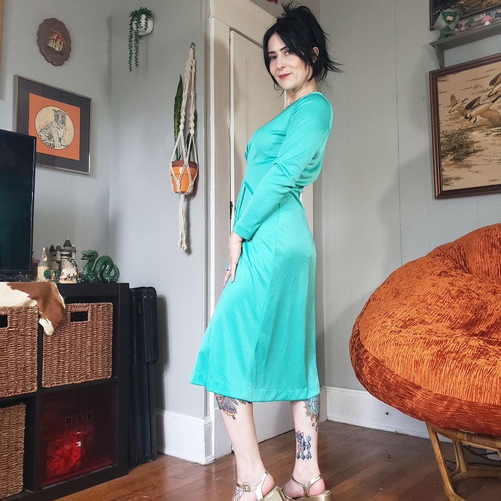 1970s Vintage Seafoam Green Handmade Long-sleeve Midi Dress Medium 70s Retro - Picture 7 of 13